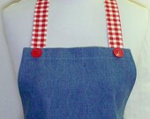 Apron BLUE DENIM with Red & White Checks, AMERICANA Hostess, Fun Cute Picnic Patio Kitchen Gift