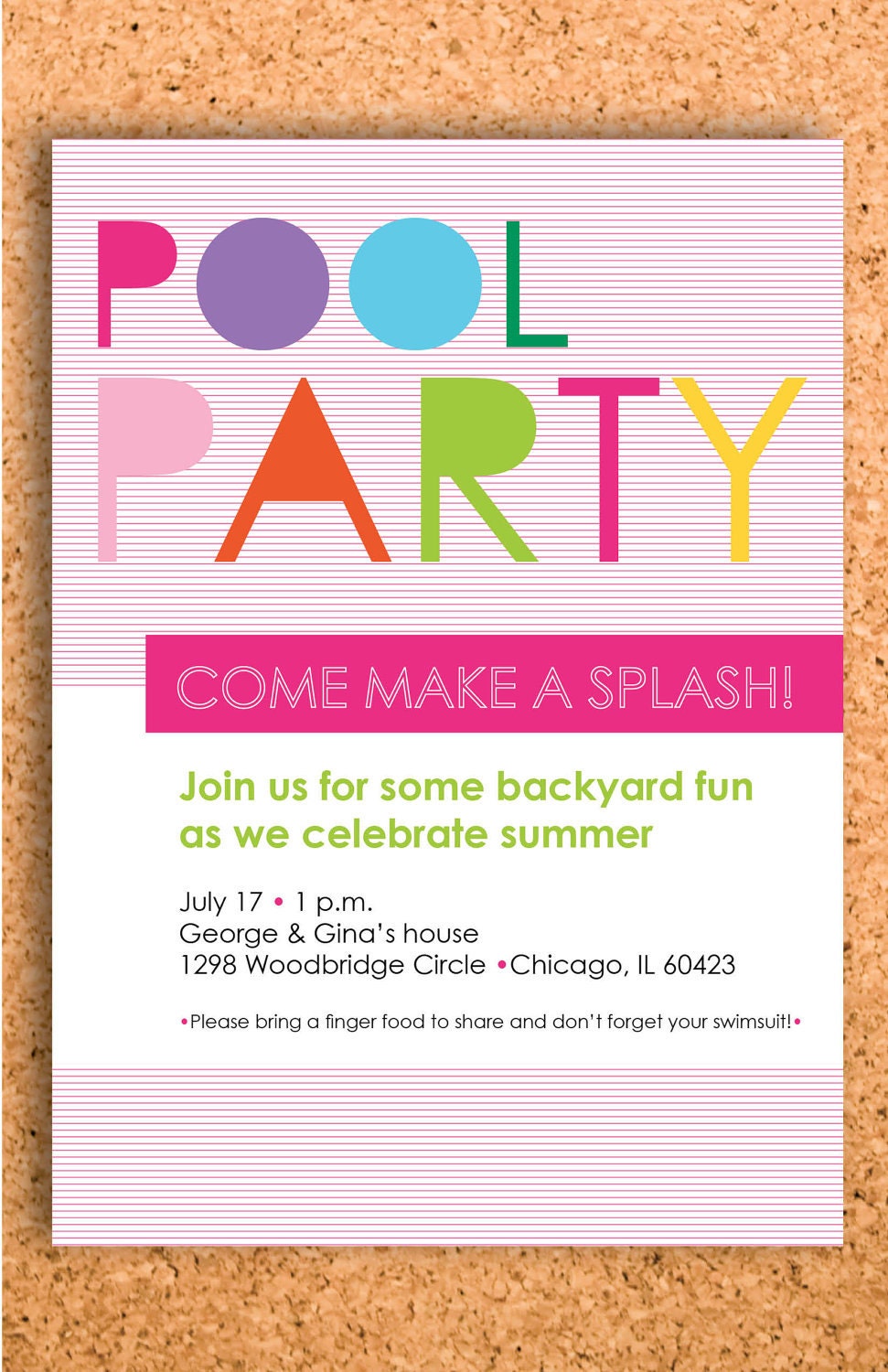 colorful pool party invite custom printable--5x7 digital file