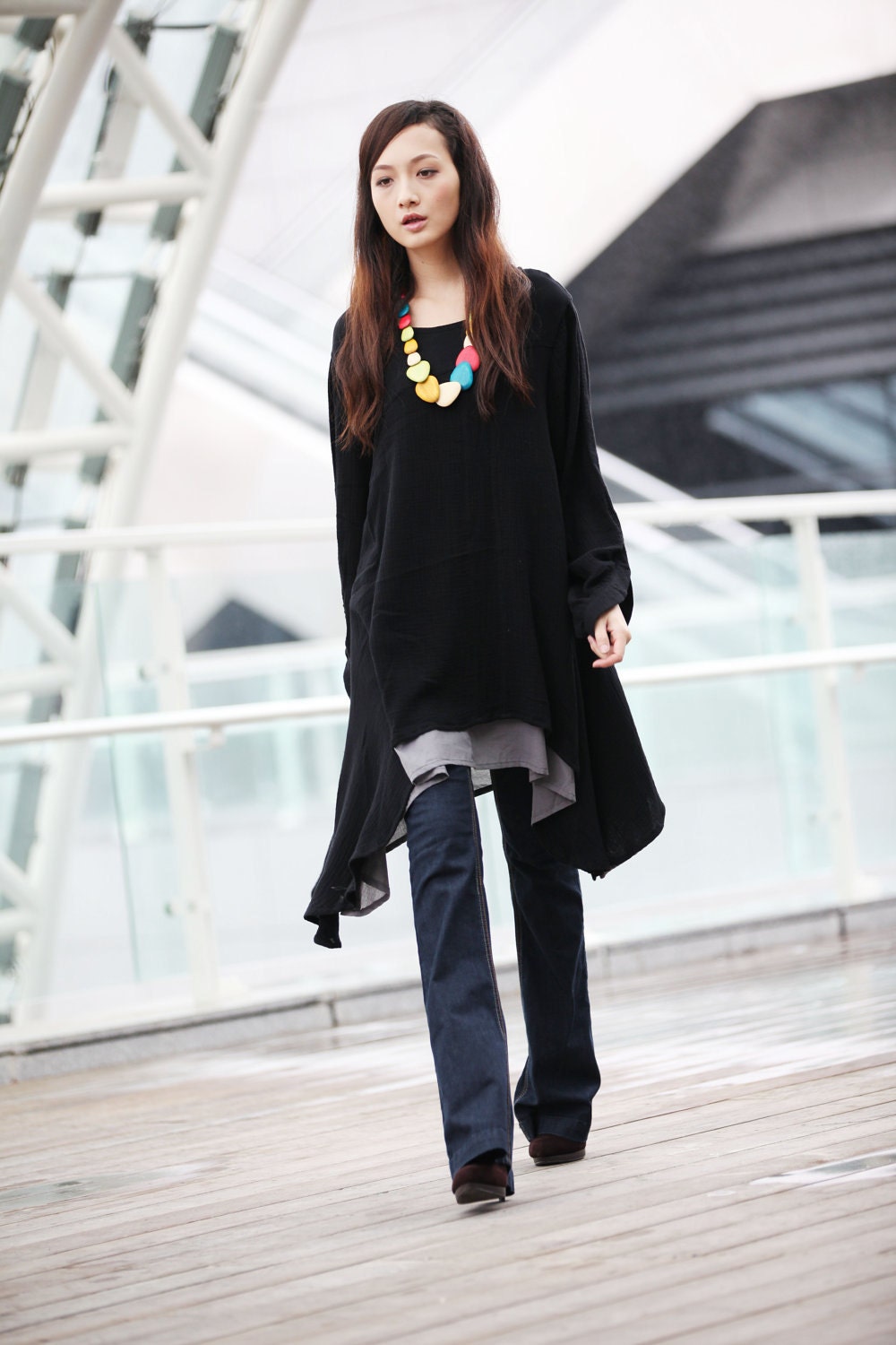 Lagenlook Black Ethnic New Design Long Sleeve Loose Fitting Dress - NC220