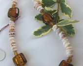 Natural shell necklace, amber square beads, beach necklace, unisex