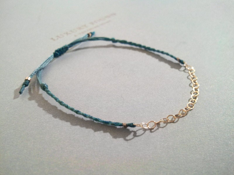 linky. delicate simple layering friendship bracelet gold filled chain on adjustable cotton cord
