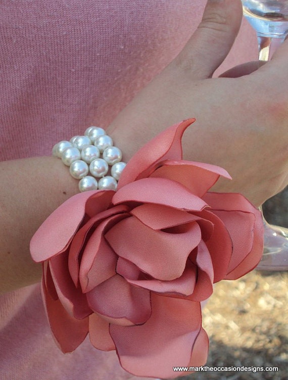 Fabric Flower Corsage - Pearl Bracelet