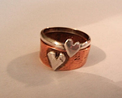 Rom. 13:9 Guy Girl Matching Heart Love Rings, Fine Silver Stacker Ring,Copper with Matching Silver Heart, Thumb Rings or Any Finger Rings
