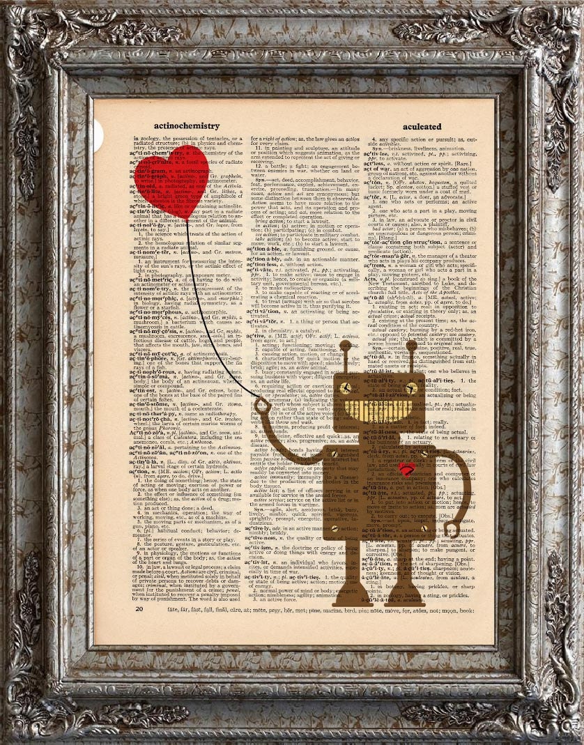 Square Robot with Heart Balloon Custom on Vintage Upcycled Dictionary Page Book Art Print Recycled