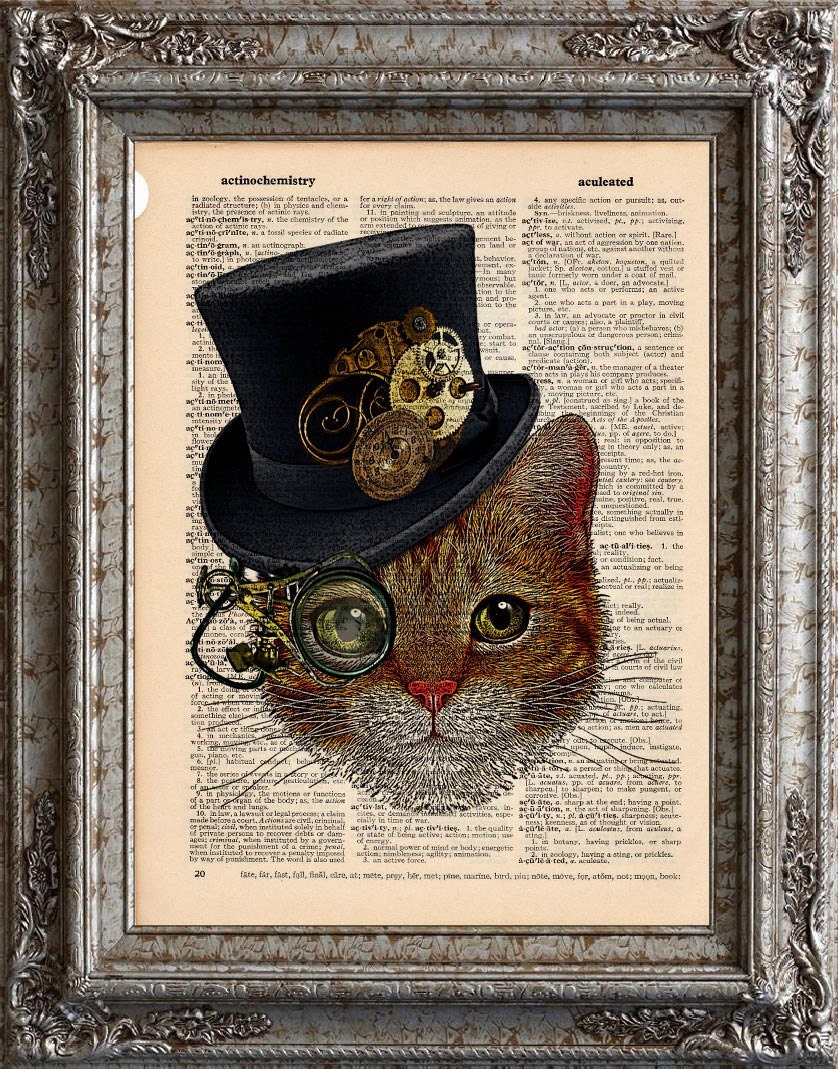 Cat with Steampunk Hat on Vintage Upcycled Dictionary Page Book Art Print Recycled