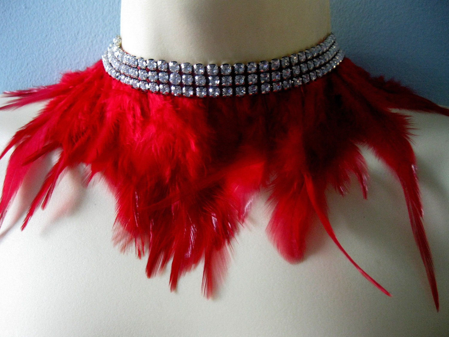 Red feather choker steampunk collar necklace with rhinestones