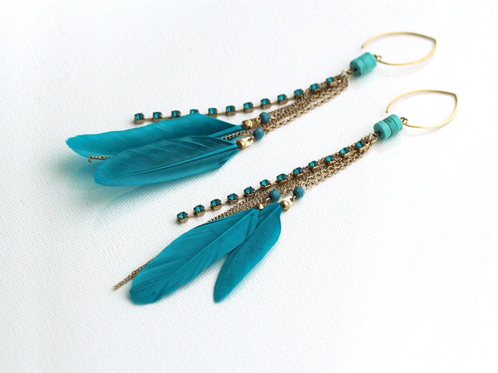 Long Gold and Turquoise Feather Earrings with Gemstone, Rhinestone and Chain Dangles. OOAK Statement Earrings