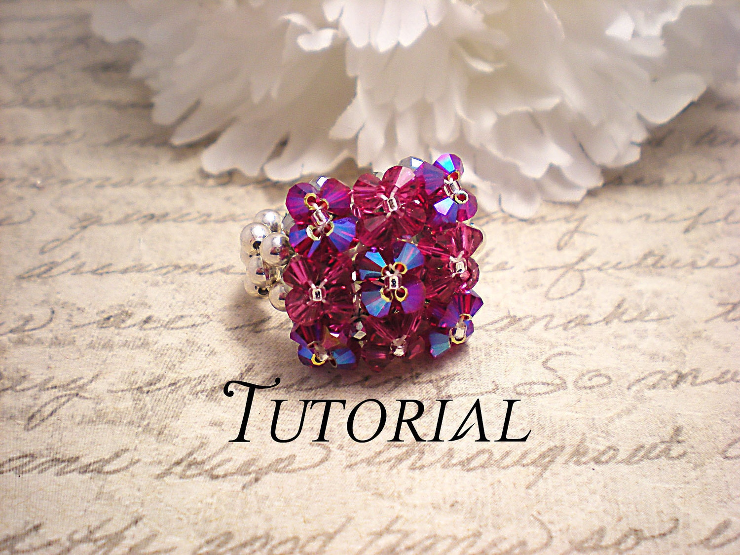 Tutorial PDF Right Angle Weave Swarovski Crystal Pillow Top Stretch Cocktail Ring, Instant Download