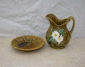 Dishes / Ceramic / Bamboo Pitcher and Saucer / Serve-ware / Vintage