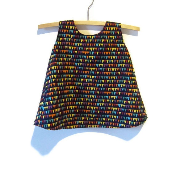 Geometric Crossover back baby dress and bloomers set size 0, 6 - 12 months navy pinny triangle flag bunting, red upcycled lining, reversible