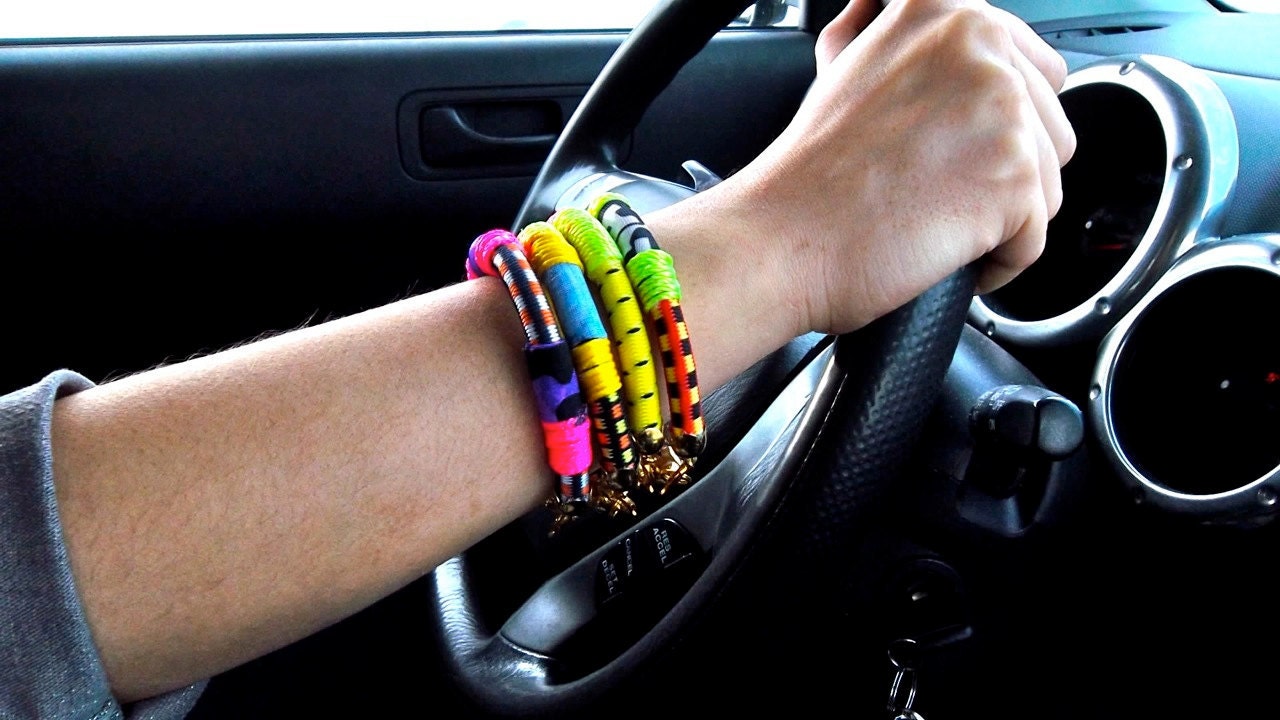 Set of 3 Bangles, Bungee Cord Bracelets with Neon Details and Gold Plated Findings