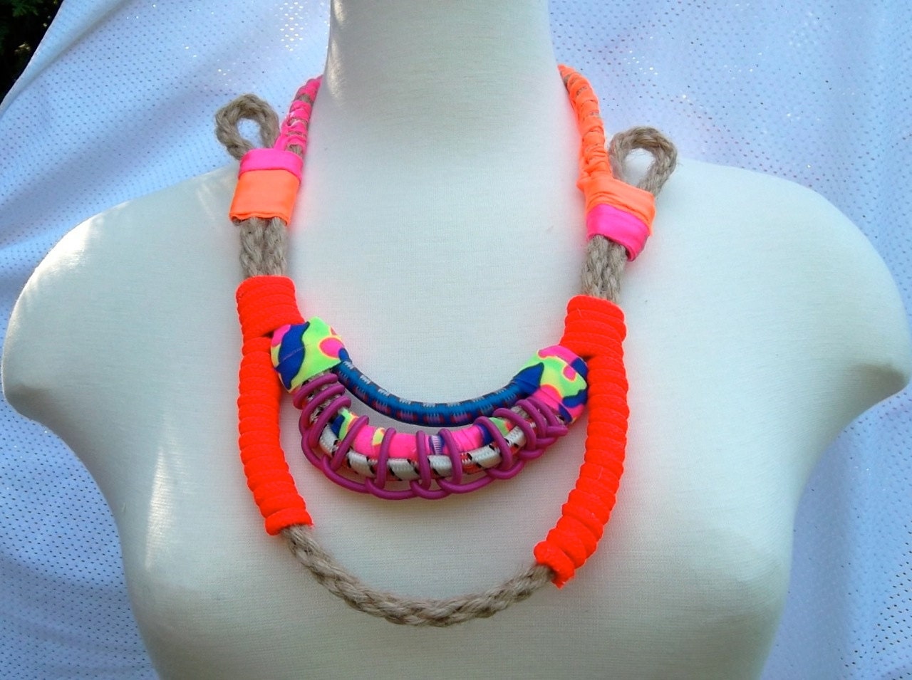 Aztec Tribal Necklace Collar, Blue Bungee Cord, Twisted Hemp Rope, Neon Orange, Magenta and Hot pink Spandex, OOAK, with gold-plated clasp