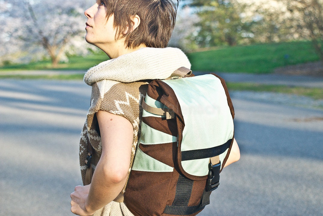 Small Gypsy Backpack -- brown and mint -- made to order.