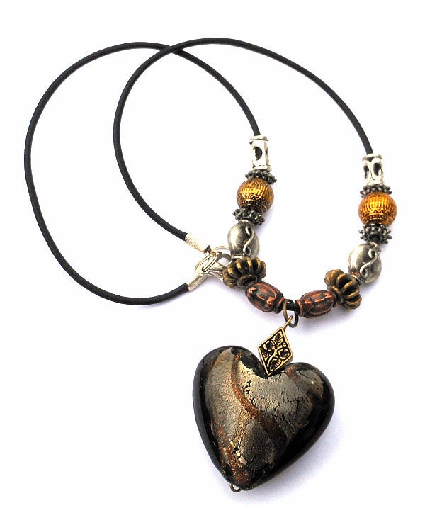 clearance Glass Foil Lampwork Heart, Leather and Mixed Metal Beaded Necklace