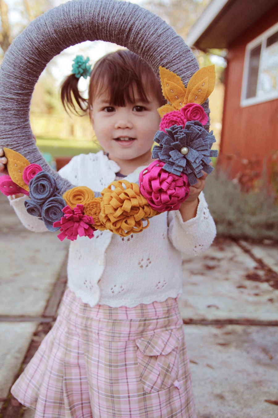 Yarn wrapped Autumn Wreath with Dimensional Felt Flowers, Fuchsia, Denim, Goldenrod 12-Inch As Featured on Simply Handmade: Decor Magazine