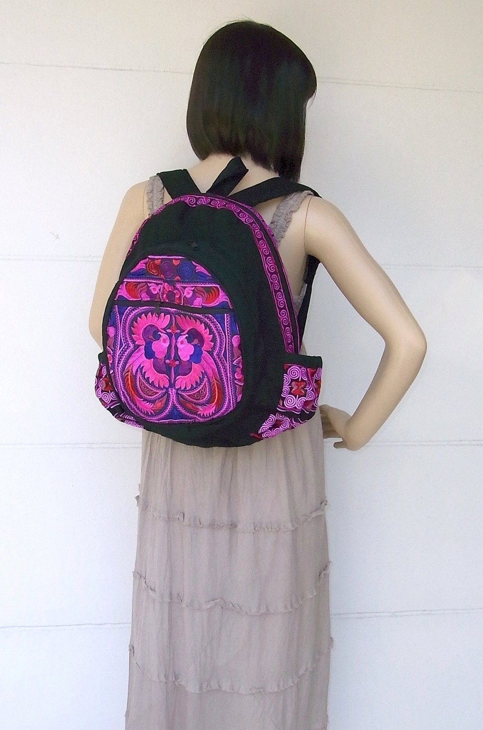Pink Birds Backpack Book Bag Handmade HMONG Village Fabric Fair Trade Thailand (BG125-PIB)
