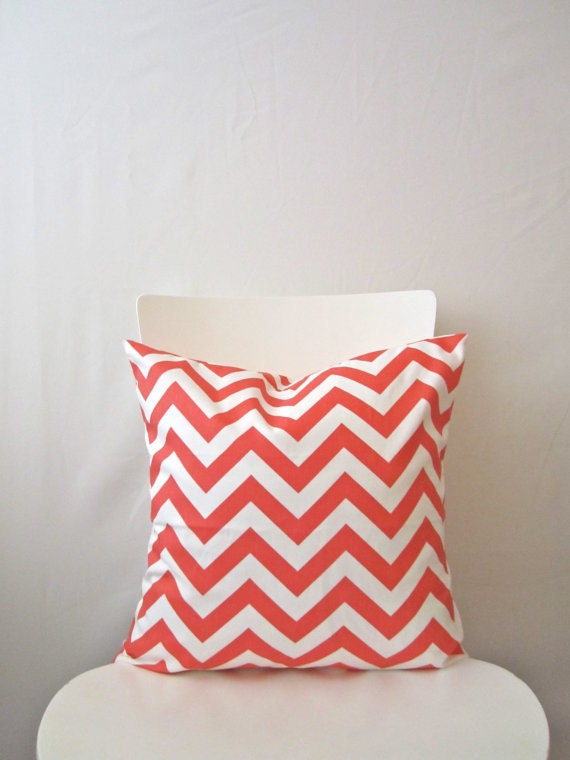16 inch throw pillow cover, Chevron coral pink and white. Zigzag pattern, modern print. For indoor use.