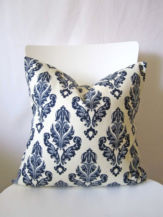 16 inch throw pillow cover, floral navy blue crest on cream color. Geometric, classic and traditional print. For indoor or outdoor use.