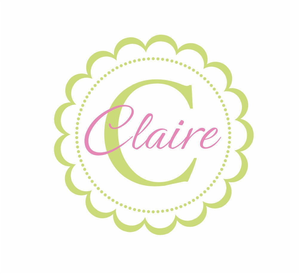 Name and Initial Vinyl Wall Decal - Round Scallop Border Circle Decal with Monogram for Girl Baby Nursery or Room Decal 22Hx22W FS057