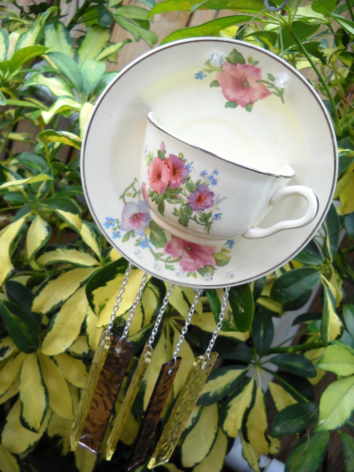 Glass Wind Chimes adorning an upcycled Vintage Tea Cup and Saucer