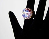 Vintage-Glass-Matrix-Cabochon-Mystical Ring-on Antiqued Brass Adjustable Ring Band