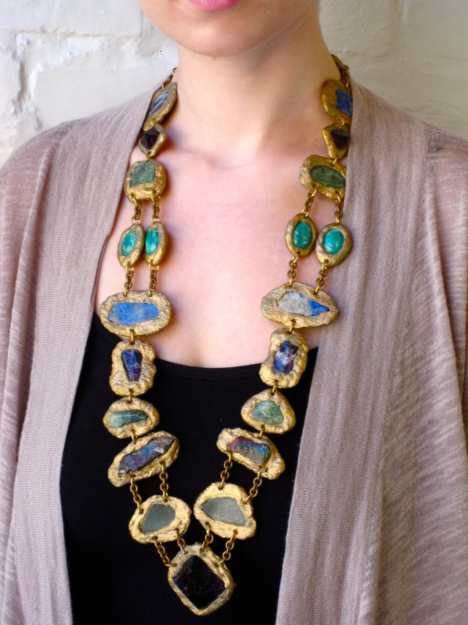 STATEMENT NECKLACE-SemiPrecious Minerals and Stones multi color Necklace-Wearable Art by Pauletta Brooks