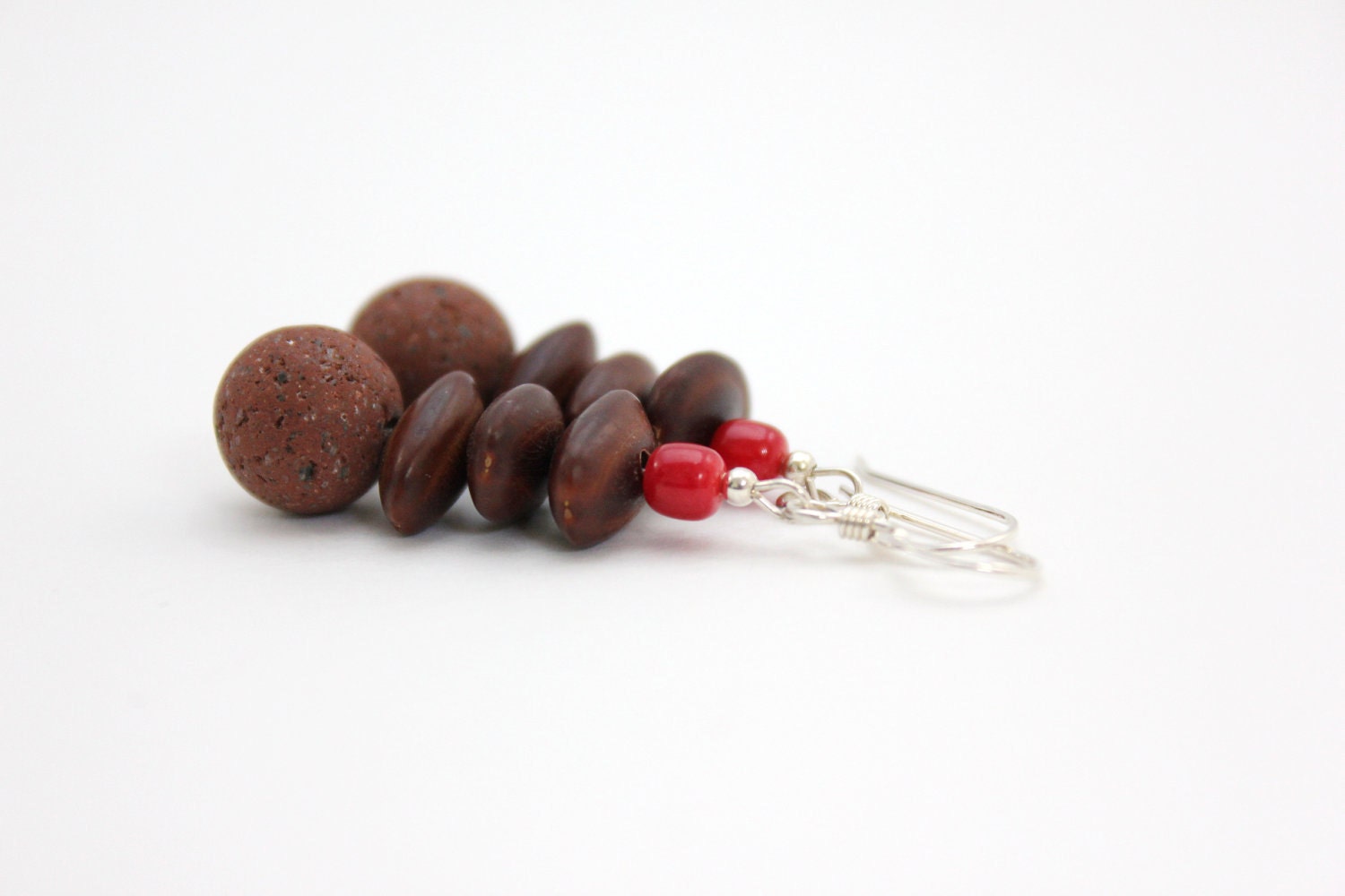 lava stone earrings dangle coral earrings acacia seed and brown lava rock earrings with coral natural earrings chocolate