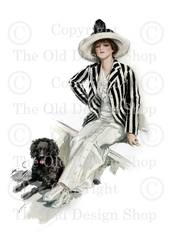 WAITING Harrison Fisher Victorian Lady with Black Poodle Image for Card Making Altered Art Digital Mixed Media Digital Download