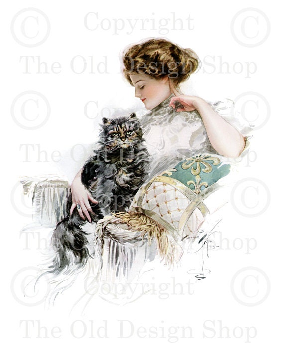 LEISURE MOMENTS Harrison Fisher Victorian Lady Holding Cat Image for Card Making Altered Art Mixed Media Digital Download