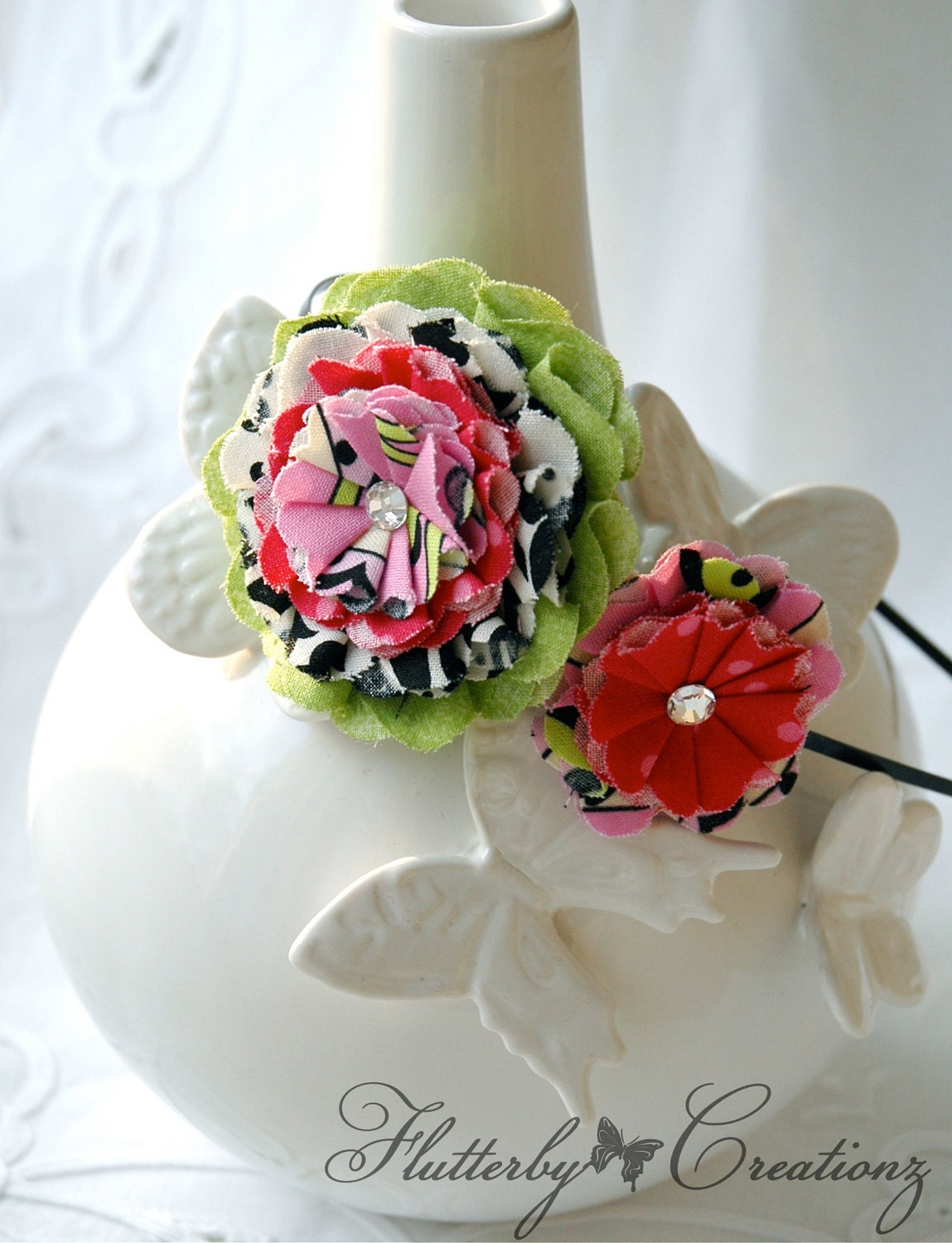 2 Fabric Flower Rosettes Headband in Bright Pinks, Apple Greens and Black and White Damask Print with Swarovski Crystal Centers