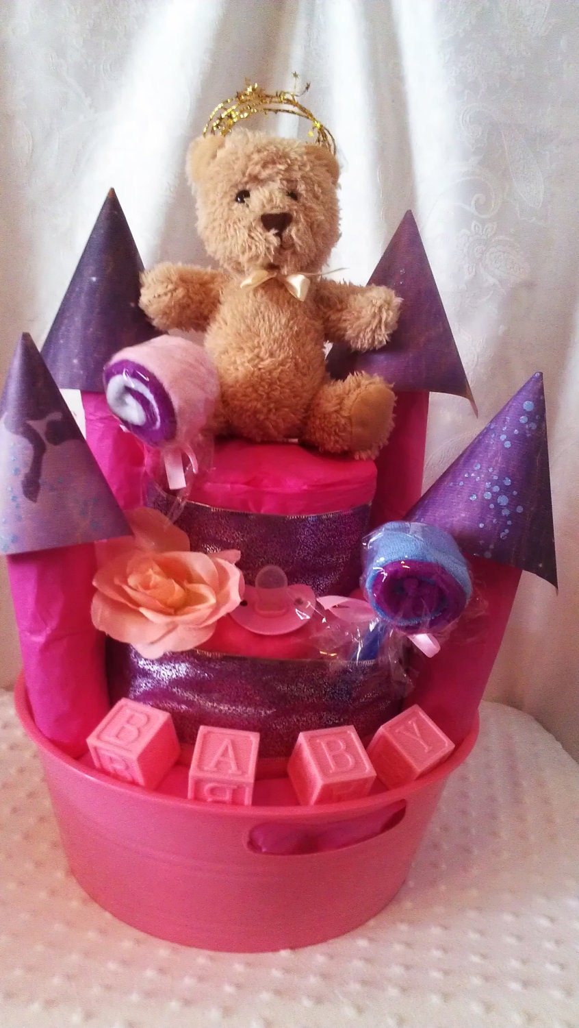 Diaper Cake-"Princess Bear Castle, new Baby Girl", Triple Layer Cake