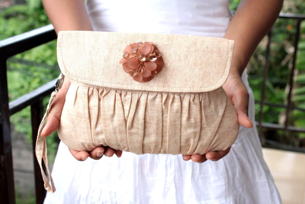 Clutch Purse Linen Caramel with Brown Beaded Flower