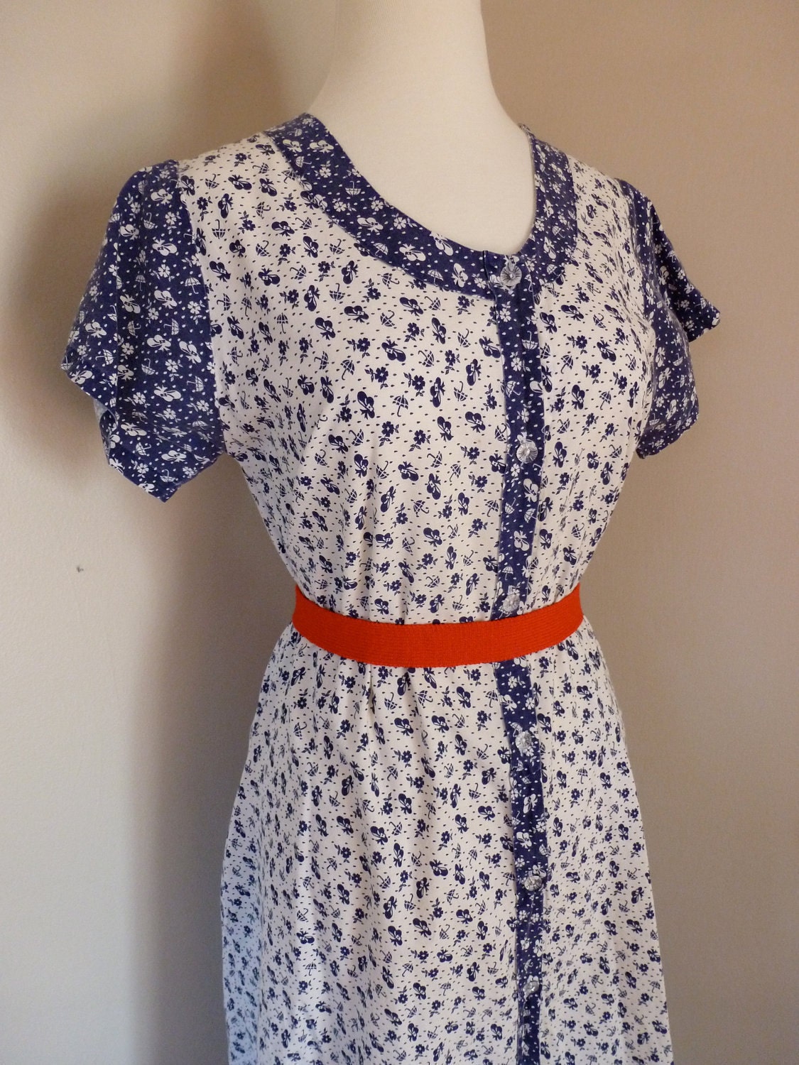 50's Cotton Dress Novelty Print Button Front House Dress M L