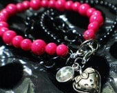 Strawberry Charm Beaded Bracelet with Pink & Black Glass Beads and Chain "Strawberry Cordial"