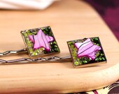 Mermaid Star Resin Pendant Hair Pins - Hot Pink Striped Abalone Stars in Lime Green Czech Glass Beads, Silver Square Pendants, Mixed Media