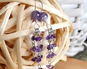 Amethyst Chain Dangle Earrings - Purple Gemstone Beads and Gemstone Chips on Handmade French Style Silver Ear Wires