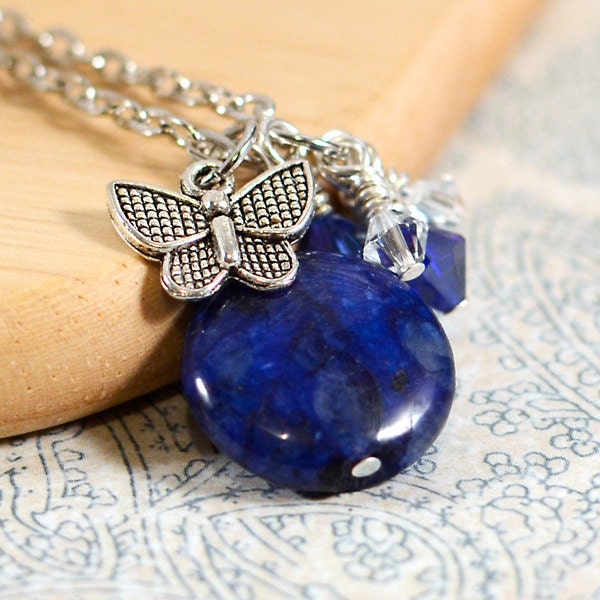 Lapis Lazuli Gemstone & Butterfly Trio Necklace - Layered Blue Stone Pendant with Silver Charm and Glass Crystal Cluster Accents