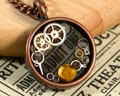 Steampunk Gears Resin Pendant Necklace - Antique Watch Gears & Mixed Media in Pendant on Copper Chain, Unisex