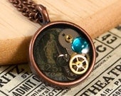 Steampunk Gears Resin Pendant Necklace - Antique Watch Gears & Postage Stamp Mixed Media in Pendant on Copper Chain, Unisex