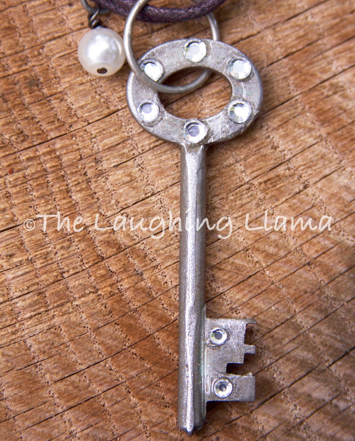 Antique Bling Key and Pearl Leather Necklace
