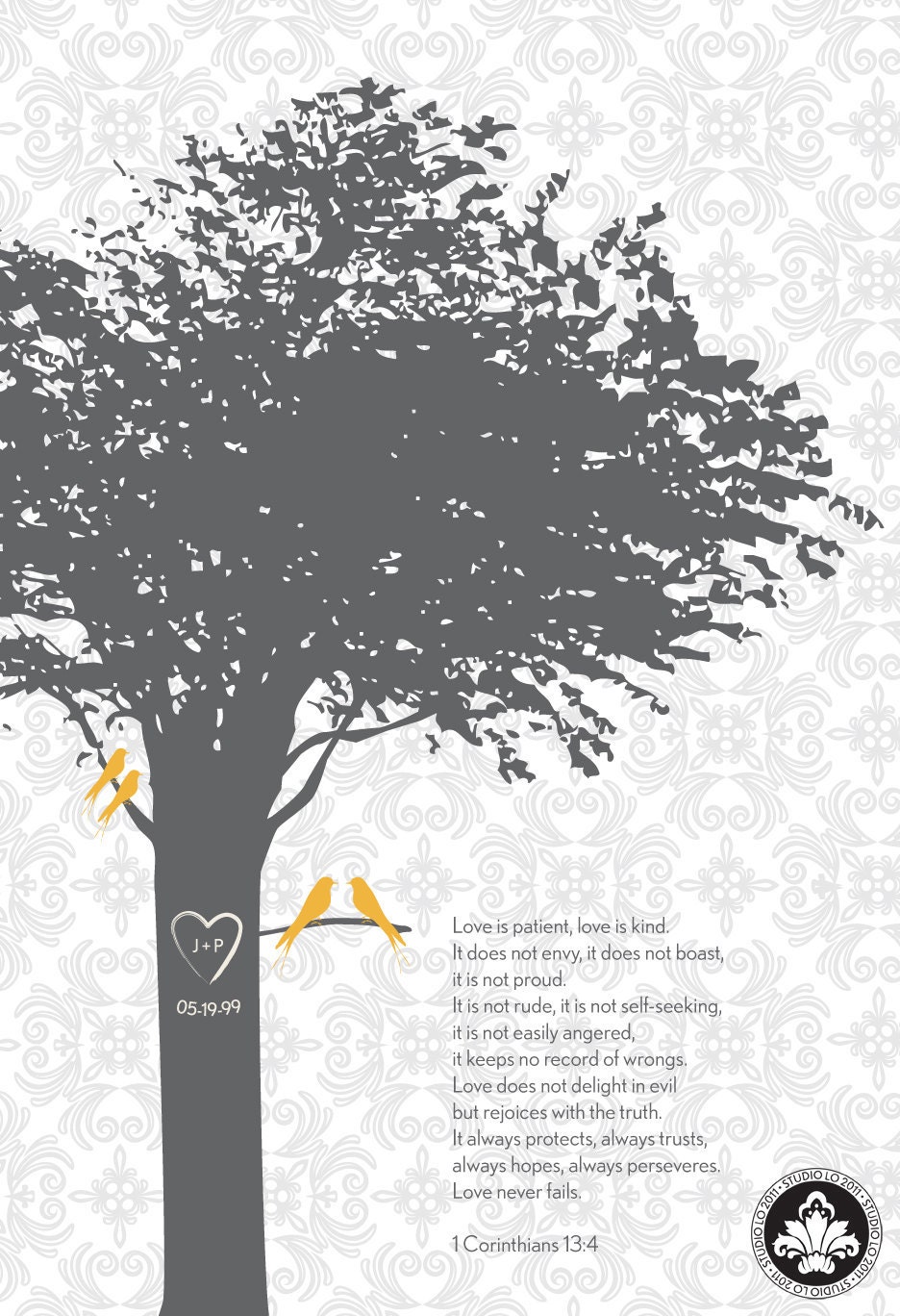 PERSONALIZED TREE PRINT // 8x10 // 1st Anniversary Paper Gift or Wedding Gift. 1 Corinthians Love is Patient. StudioLO2011