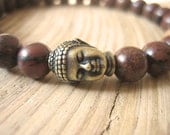Mens Buddha Bracelet - Yoga Bracelet, Brown Mahogany Obsidian, Bronze Buddha Head Bead and Sandalwood Mala Bead