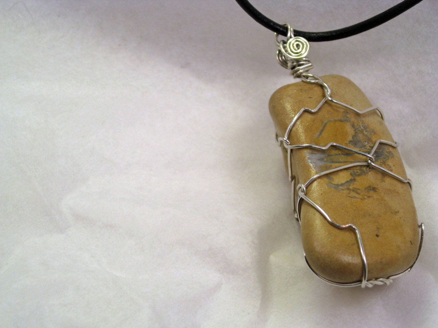 Beach stone wire wrapped pendant necklace, tan in color with free shipping
