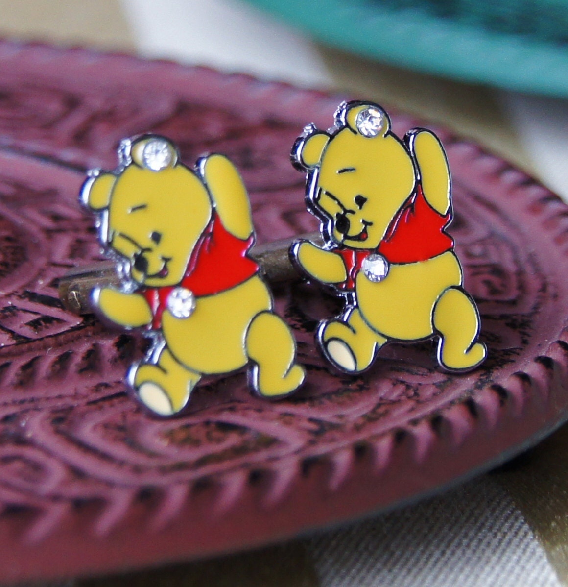 Winnie the Pooh Bear Cuff Links - Honey Pot Tale - Rhinestone Dancing Animal - Cartoon Comic Cufflinks - Men's Gifts - Graduation Wedding