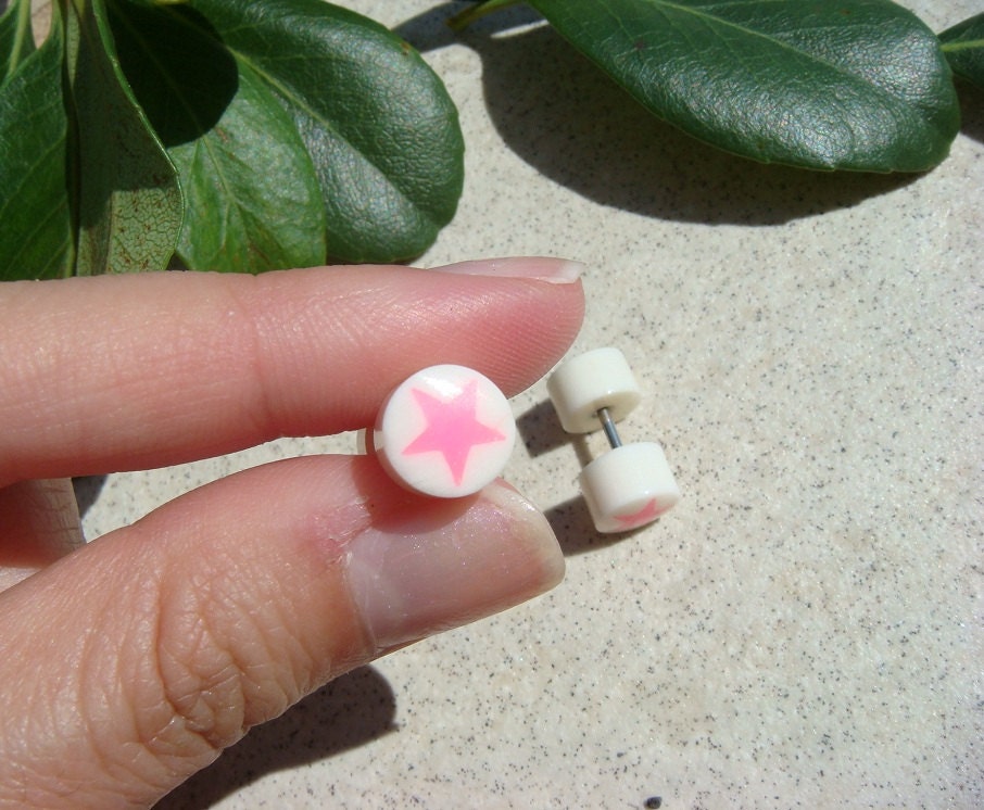 White fake ear plugs with inlaid pink star / SUPER CUTE bone ear plugs fakers fake gauged earrings / organic earrings women