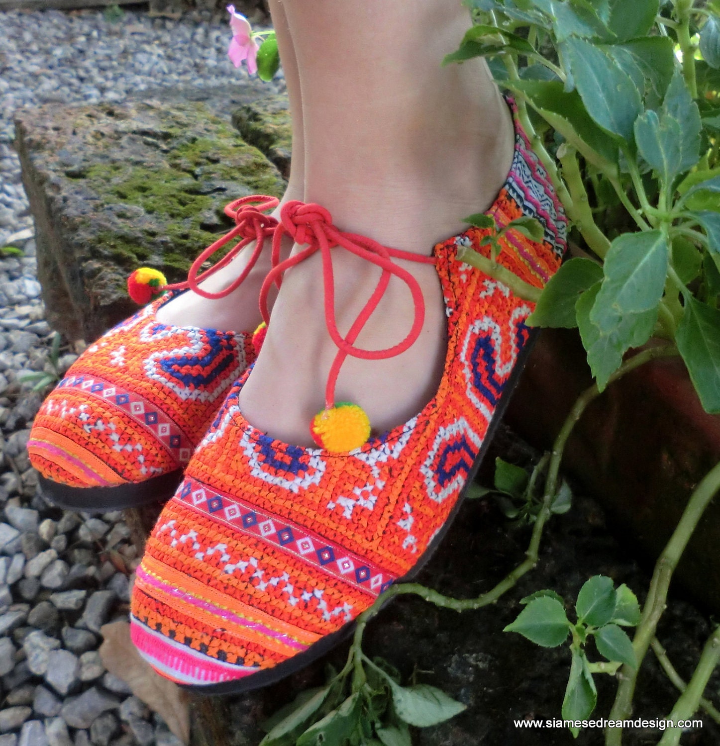 Tangerine Orange Womens Shoes Hmong Embroidered Ballet Flats 10