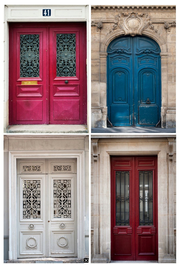 Paris Photos -  Four Parisian Doors, Home Decor, Wall Art, Architectural, Red, Blue, Maroon, White