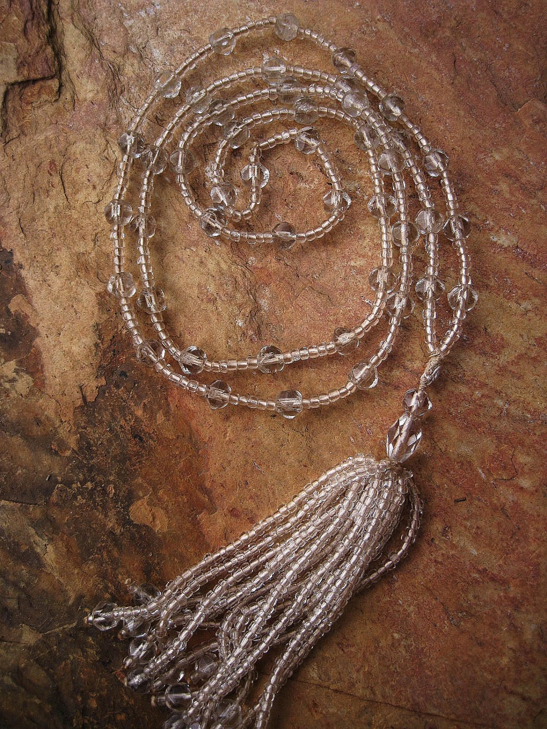Vintage Handmade -:- Art  Deco Rock Crystal Lavalier Necklace  with  Seed Bead  Tassel / 1920's Opera Length / Flapper's Sautoir