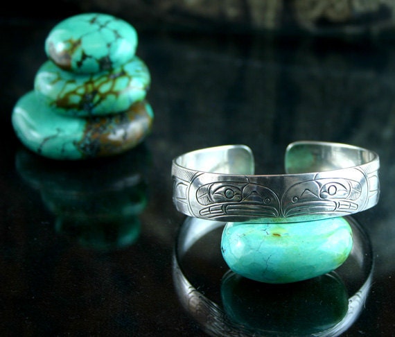 Double Eagle Silver Bracelet - American Indian Jewelry - Cuff Sterling Silver - Coast Salish - Native American Braclet - Eagle Bracelet