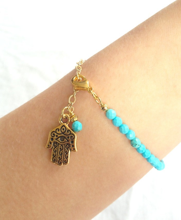 Turquoise Bracelet with Hamsa Hand Charm, beaded bracelet, bohemian jewelry by Atelier Yumi